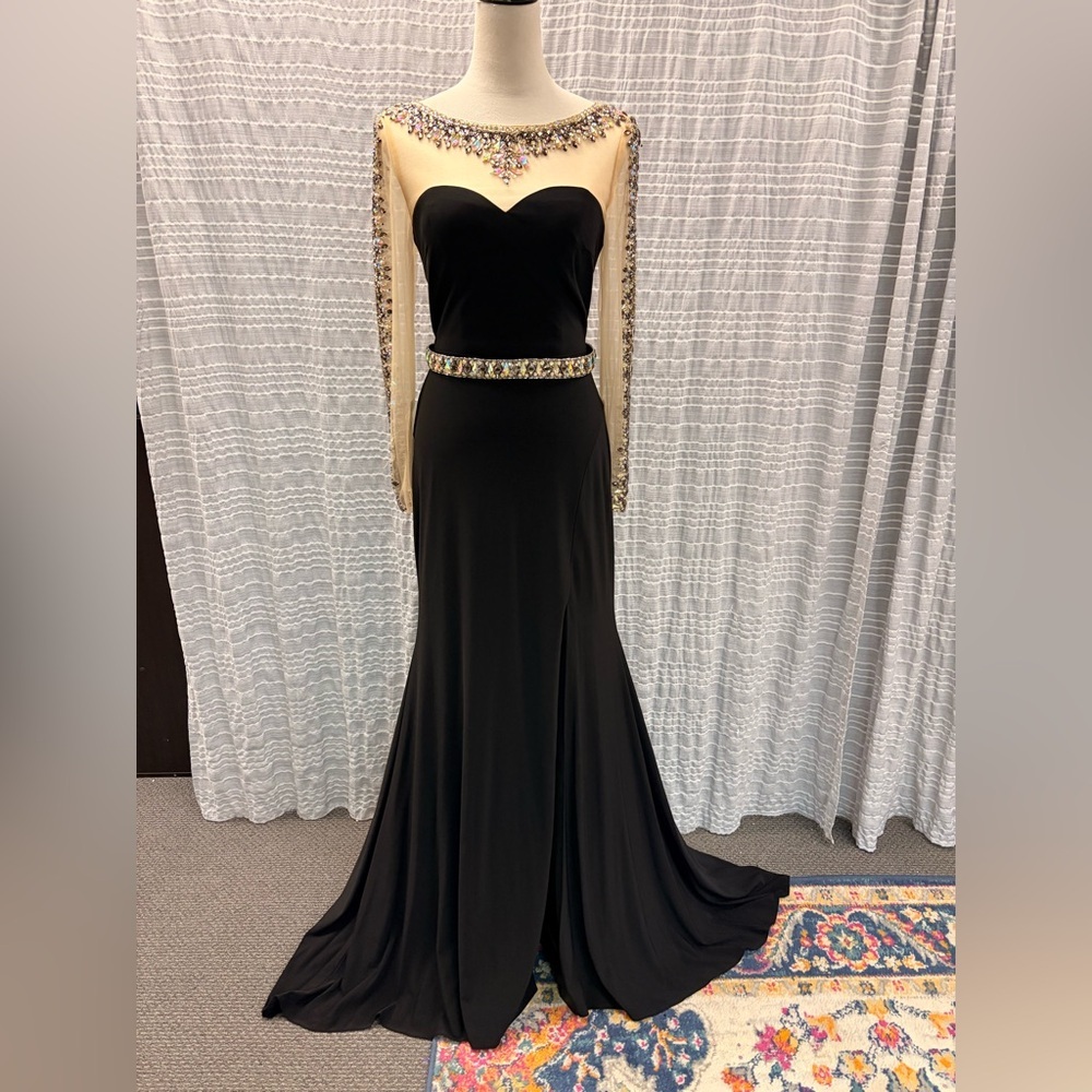 Rachel Allan Black Long Sleeve Gown with Embellishments